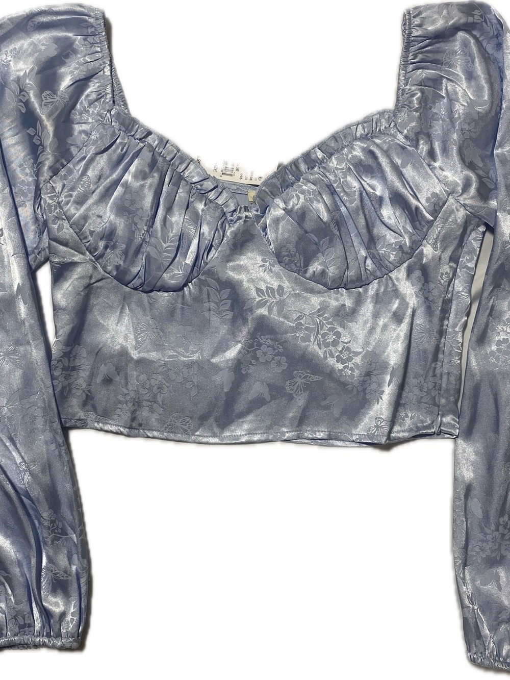 La Hearts Pale Blue Satin Jacquard Ruched Bust Crop Top